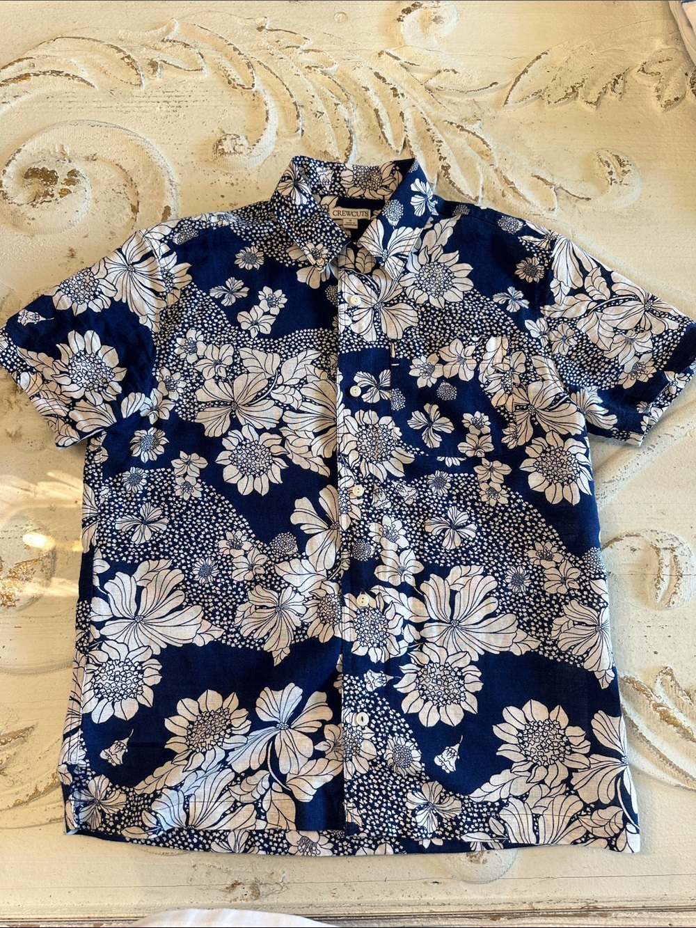 Crewcuts Navy and White Floral Linen Button-Up Short Sleeve Shirt